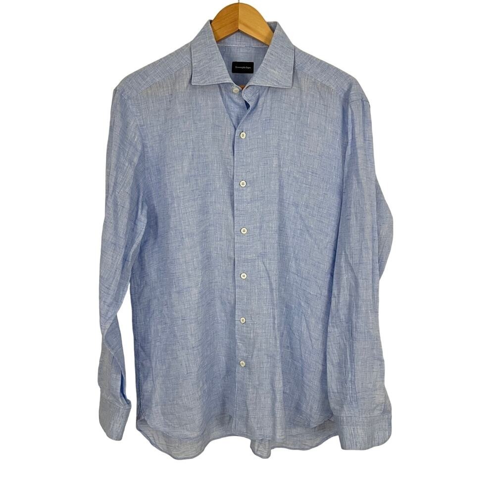 Ermenegildo Zegna Blue Linen Button Down Shirt Mens Size Large